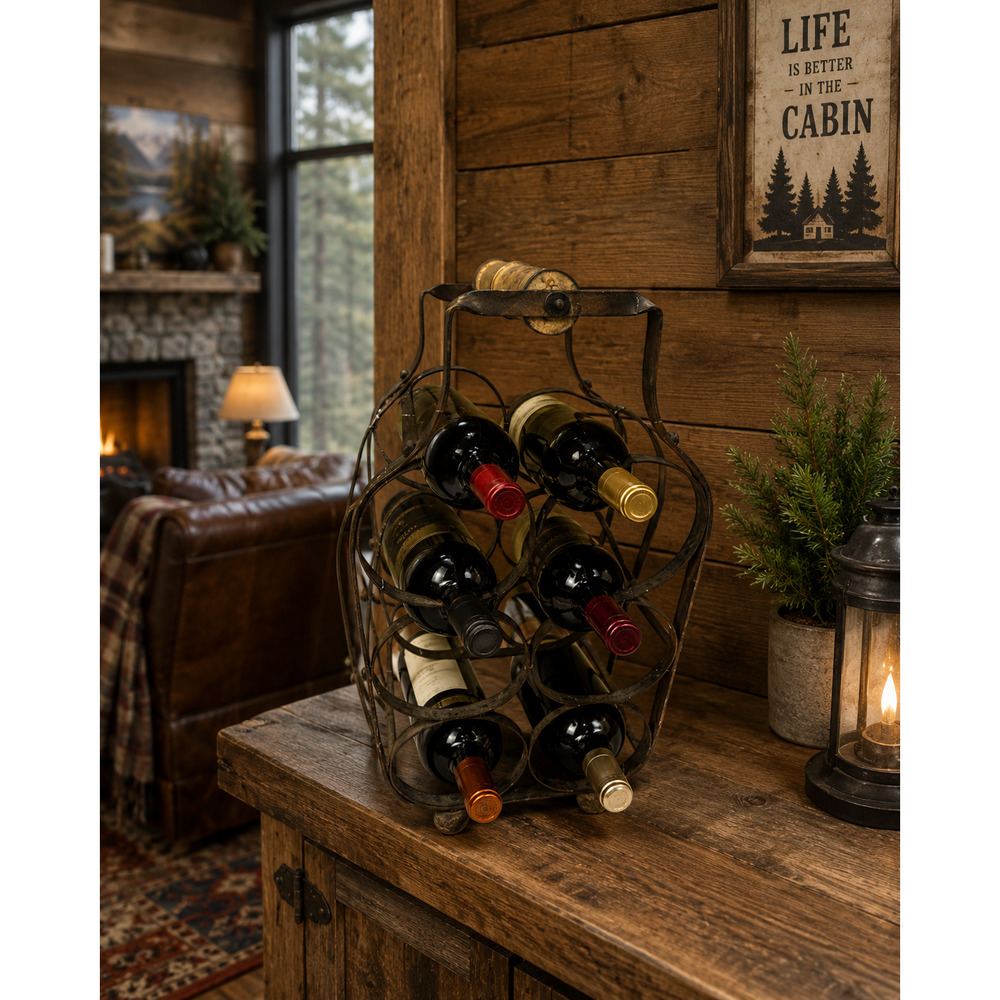 Rustic Metal 6 Bottle Wine Rack with Top Handle 17" Tall Country Farmhouse Cabin